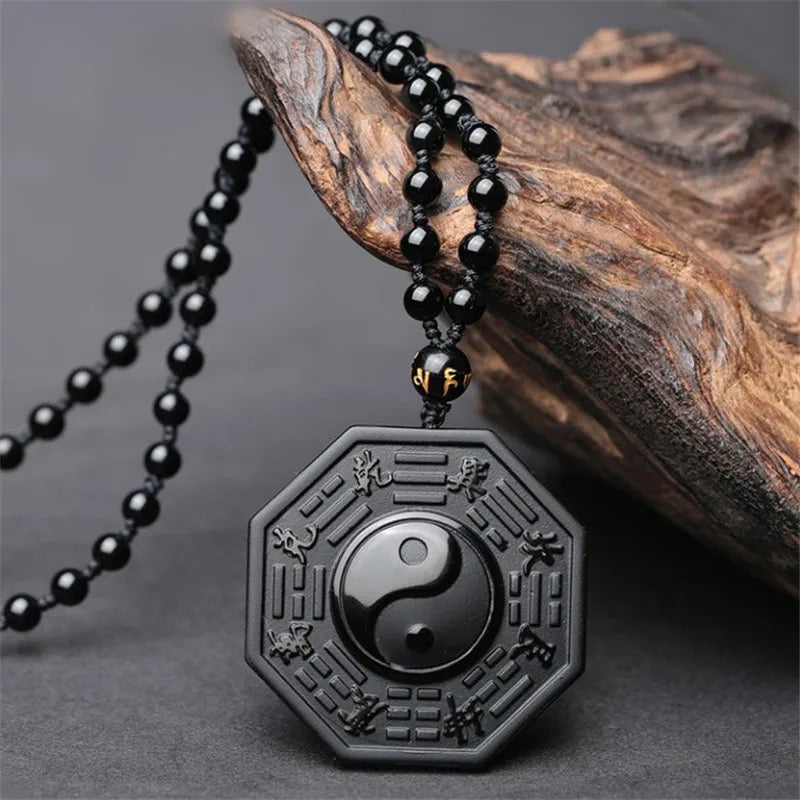 Yin & Yang Carved Natural Stone Obsidian Beaded Necklace