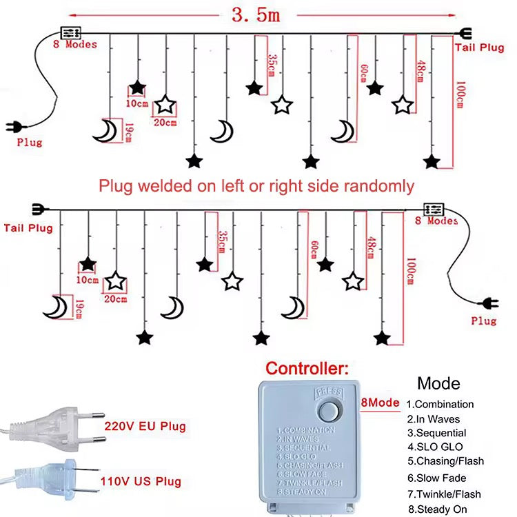 Islamic Cresent and Star Curtain LED String Lights + Remote (8 Modes)