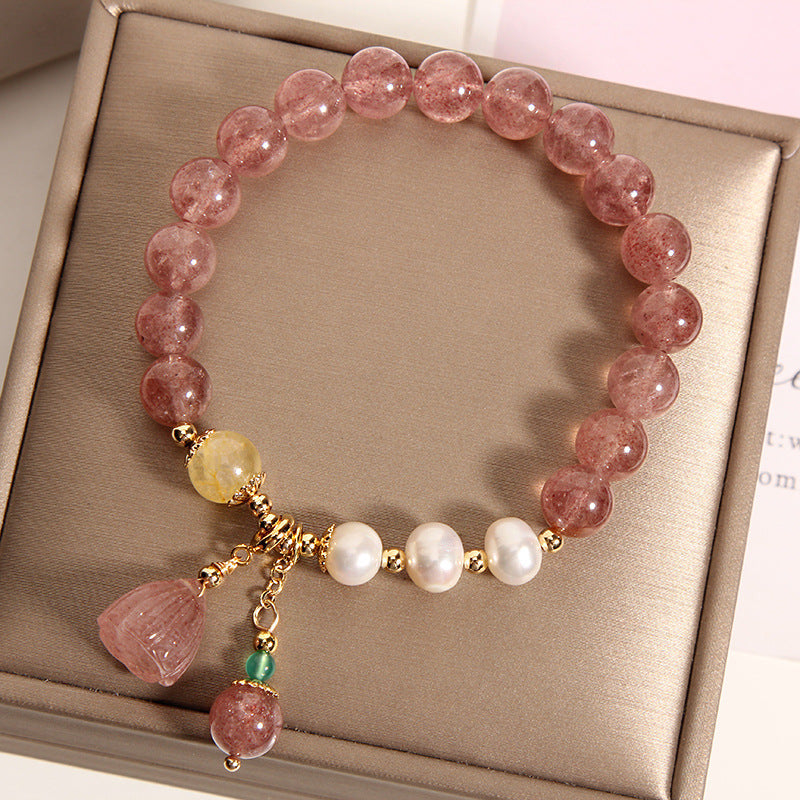 Strawberry Quartz Freshwater Pearl Charm Bracelet (8mm)