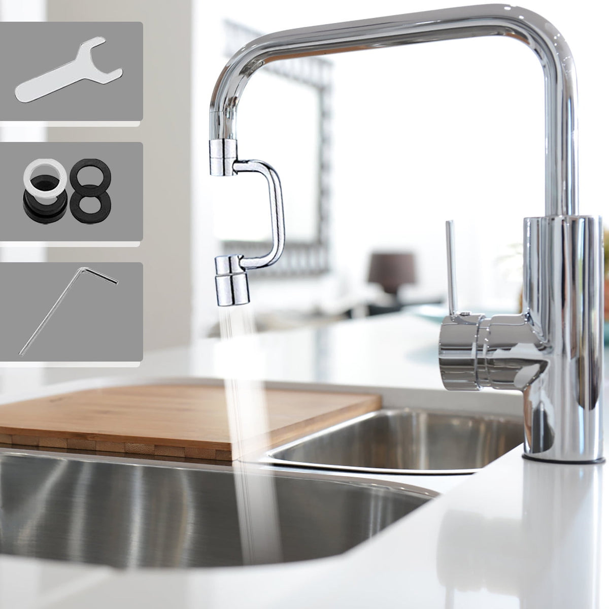 360° Stainless Steel Faucet Extender and Aerator with 2 Spray Modes
