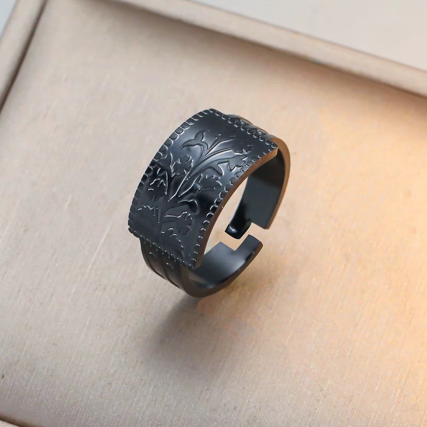 Vintage Floral Embossed Adjustable Stainless Steel Ring