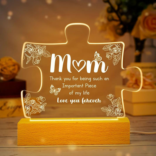 Mother’s Love 3D Acrylic Night Lamp With Wooden Base - Puzzle Design