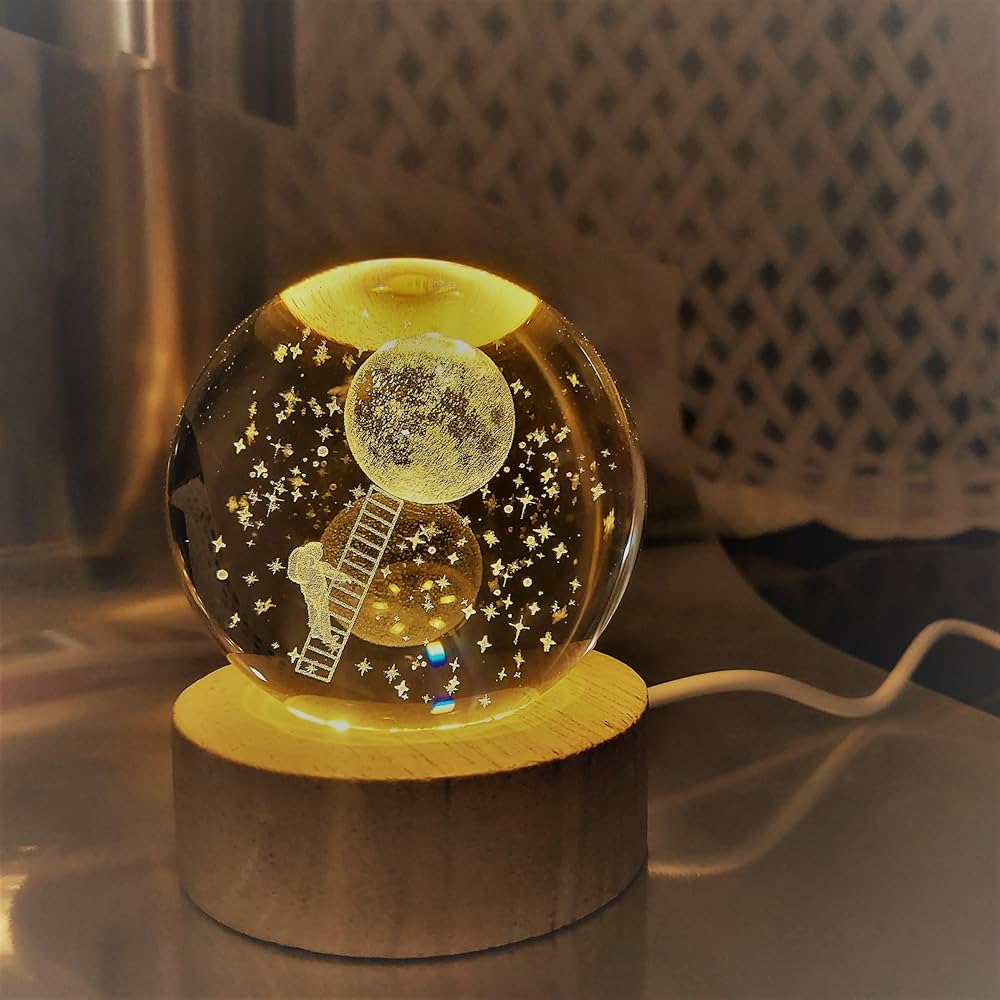 3D Laser Engraved 8cm Glass Crystal Ball Lamp Universe Astronomy Decor (Astronaut Climbing to Moon)