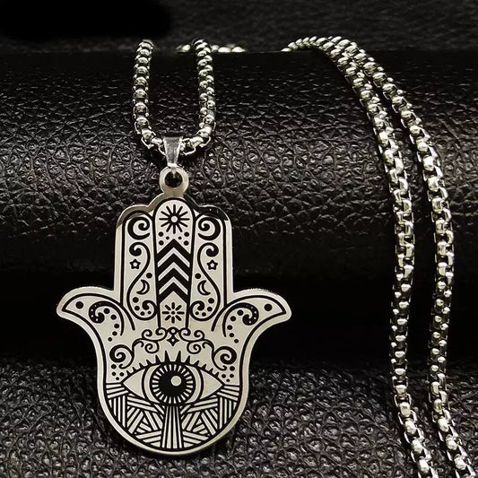 Stainless Steel Evil Eye Hamsa Hand Necklace