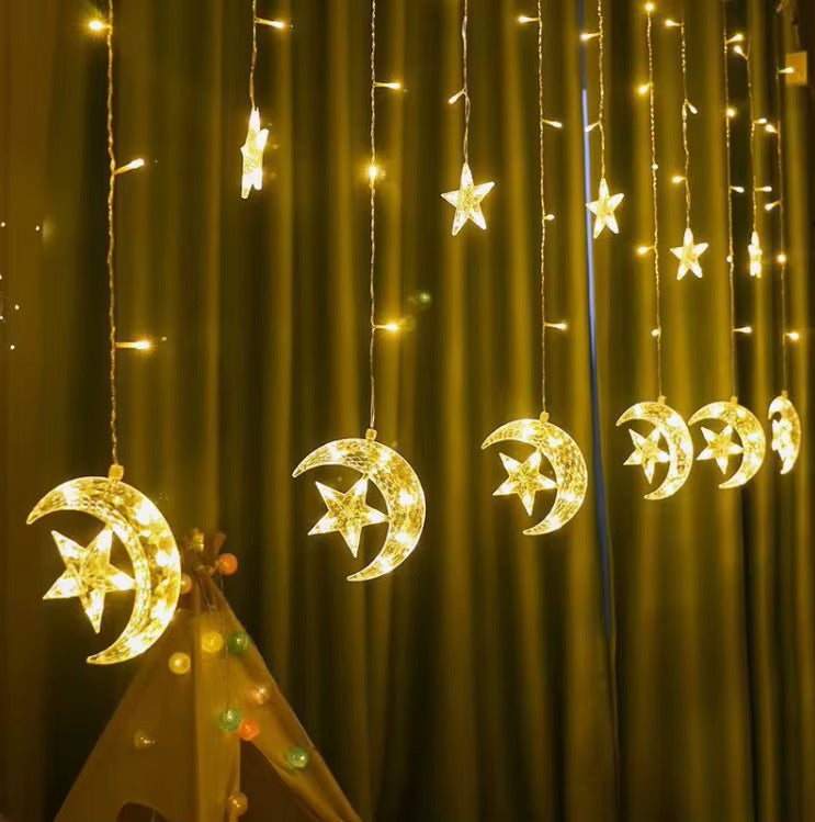 Decorative LED Curtain String Lights – Moon & Star Combined Design | RGB & Warm Yellow