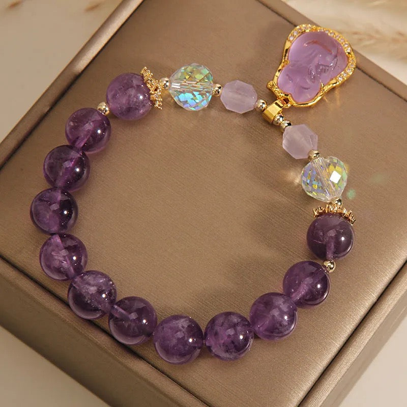 Natural Amethyst Zircon Fox Charm Bracelet (10mm Beads)