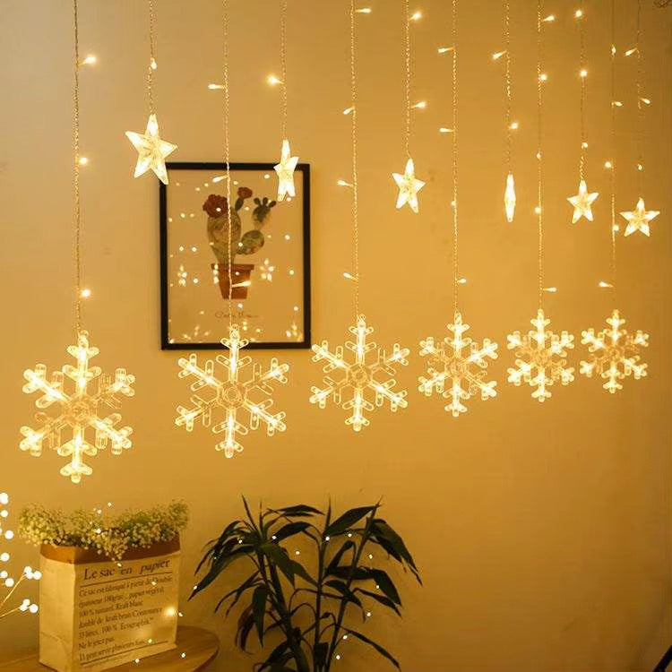 Decorative LED Curtain String Lights – Snowflake & Stars Design | RGB & Warm Yellow