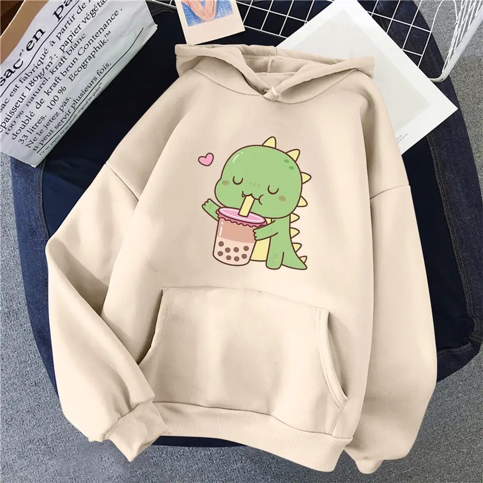 Cute Dinosaur Drinking Boba Animated Printed Hoodies