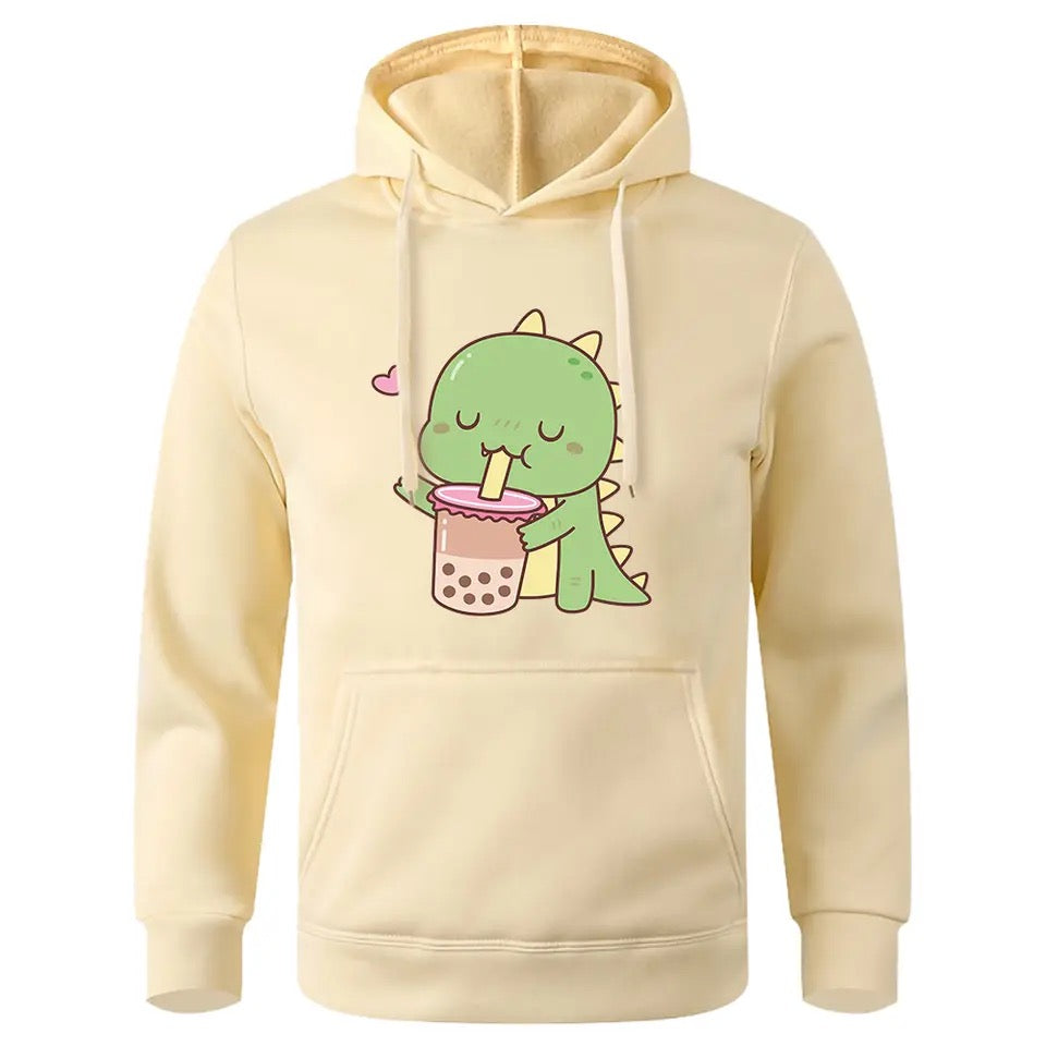 Cute Dinosaur Drinking Boba Animated Printed Hoodies