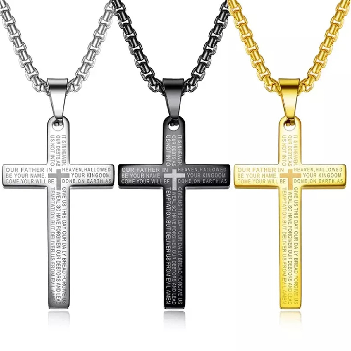 Stainless Steel Christian Cross Necklace With “Our Father Prayer” Engraved