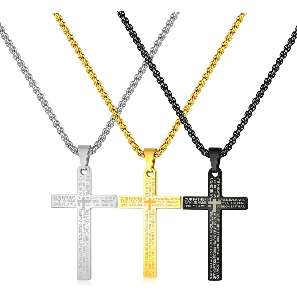 Stainless Steel Christian Cross Necklace With “Our Father Prayer” Engraved