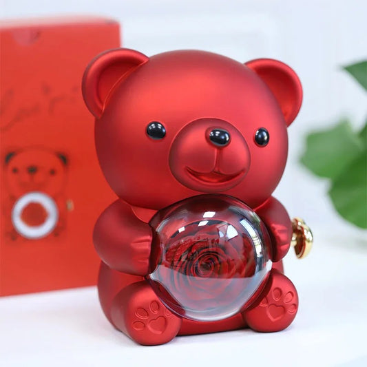 Teddy Bear Rose Flower Rotating Gift Box