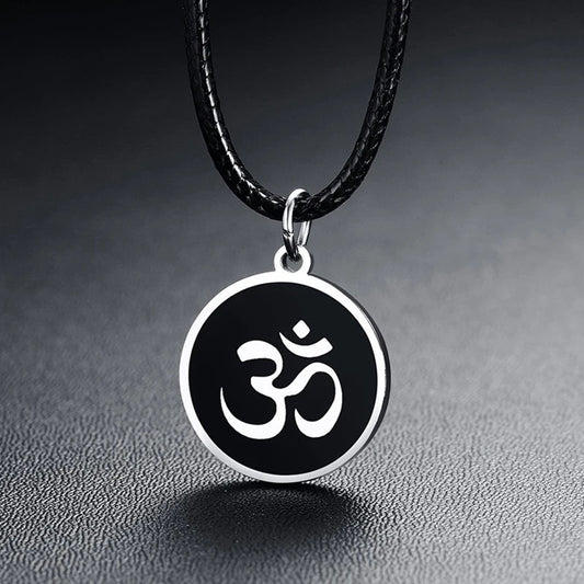 Stainless Steel “OM” Hindu Symbol Necklace + Black Leather Chain