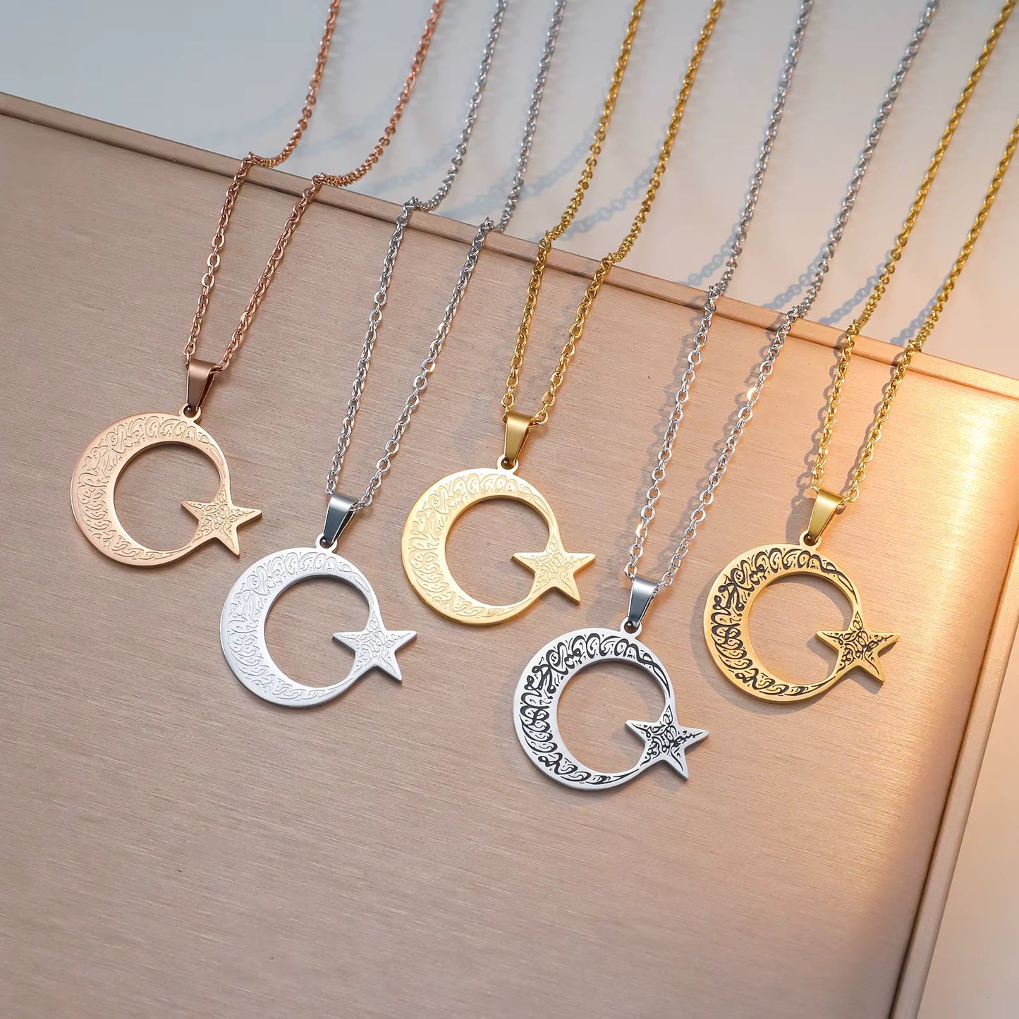 Ayatul Kursi Crescent Moon & Star Stainless Steel Necklace