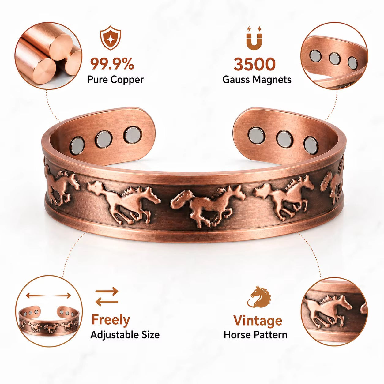 Adjustable Ultra Strength Pure Copper Magnetic Bracelet & Ring Set  (99.99% Copper) Embossed Running Horse Design