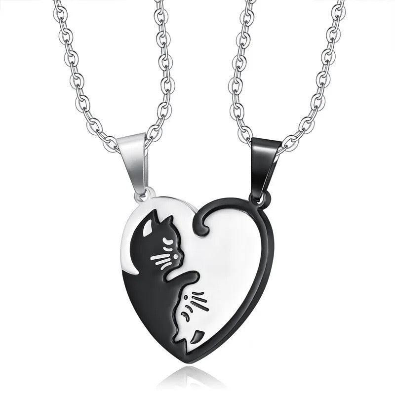 Stainless Steel Couples Heart Distance Cat Necklace 2pc