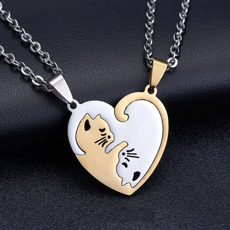 Stainless Steel Couples Heart Distance Cat Necklace 2pc