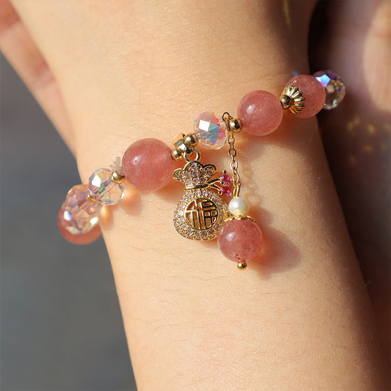 Natural Strawberry Quartz Crystal Money Bag Charm Positive Bracelet (8mm)