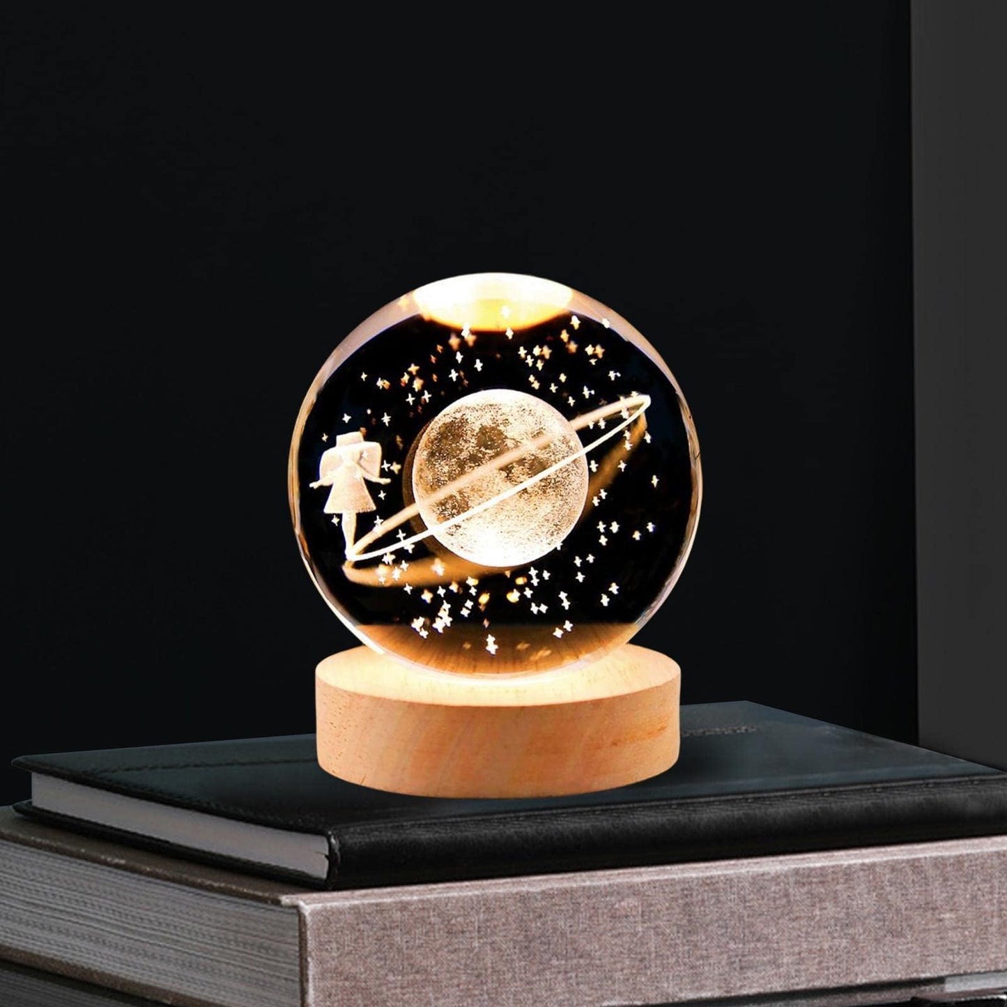 3D Laser Engraved Glass Crystal Ball Lamp Universe Astronomy Decor (Lady on Neptune Rings)