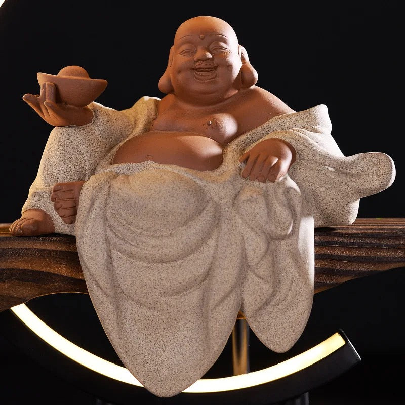 Buddha Back-Flow Incense Holder & Ring Light With Lucky Plant Pot Ornamental Set