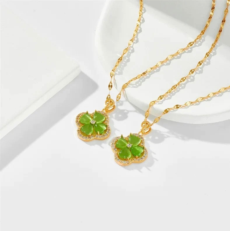 Cat Eye Quartz Lucky Clover Necklace