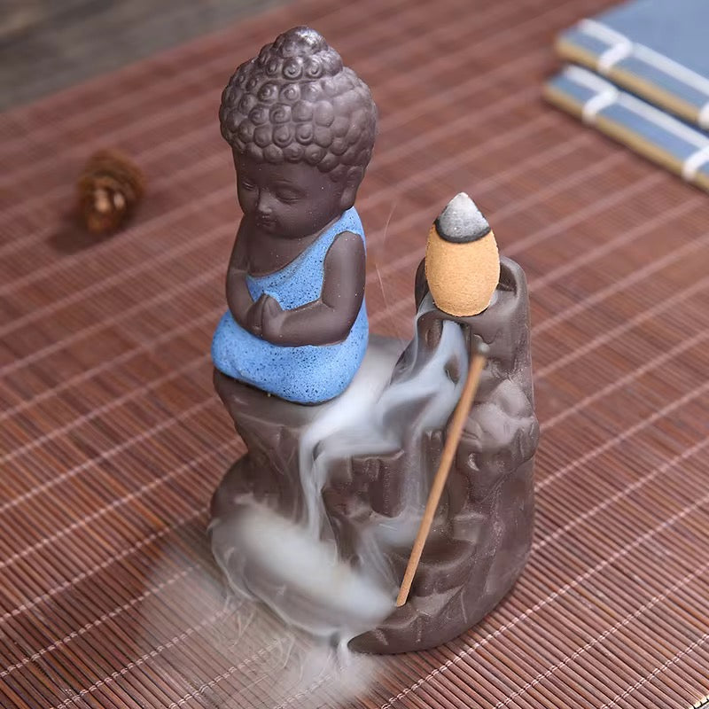 Ceramic Mini Buddha Designed Back-Flow Incense Holder + 10 Free Incense Cones