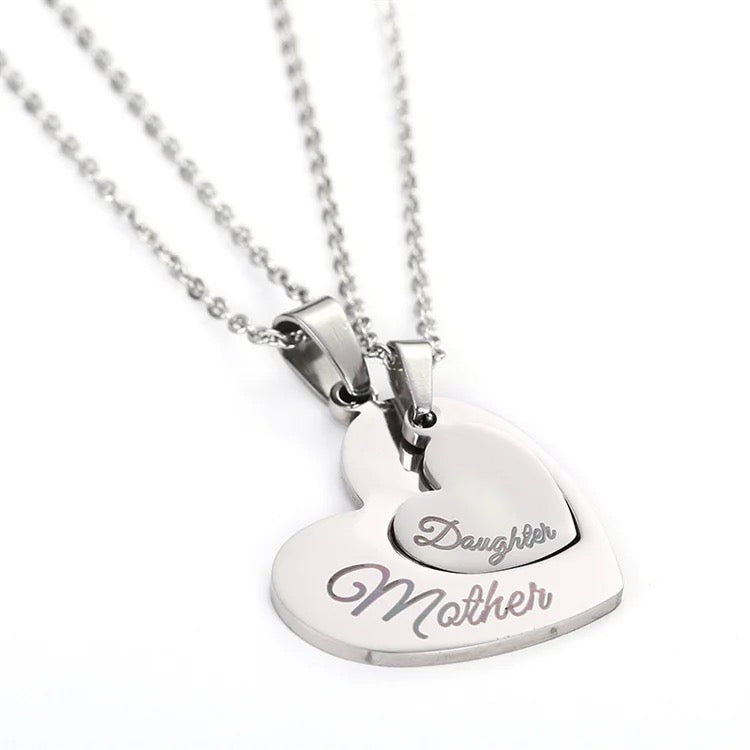 Stainless Steel Mother & Daughter Engraved Heart Necklace 2pc