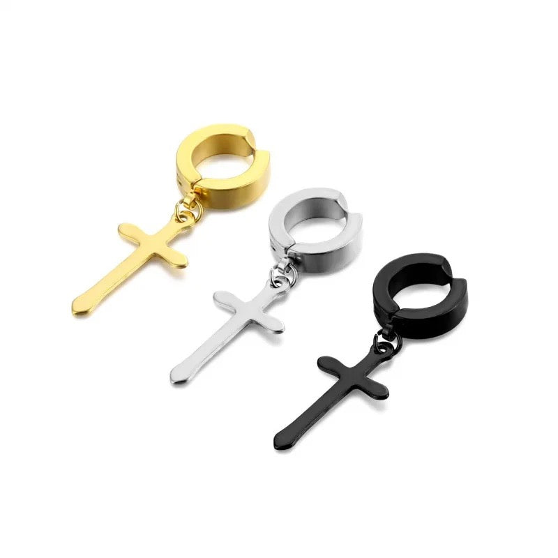 Unisex-Men’s Stainless Steel Clip On / Magnetic Cross Earrings (No Piercing Earrings)