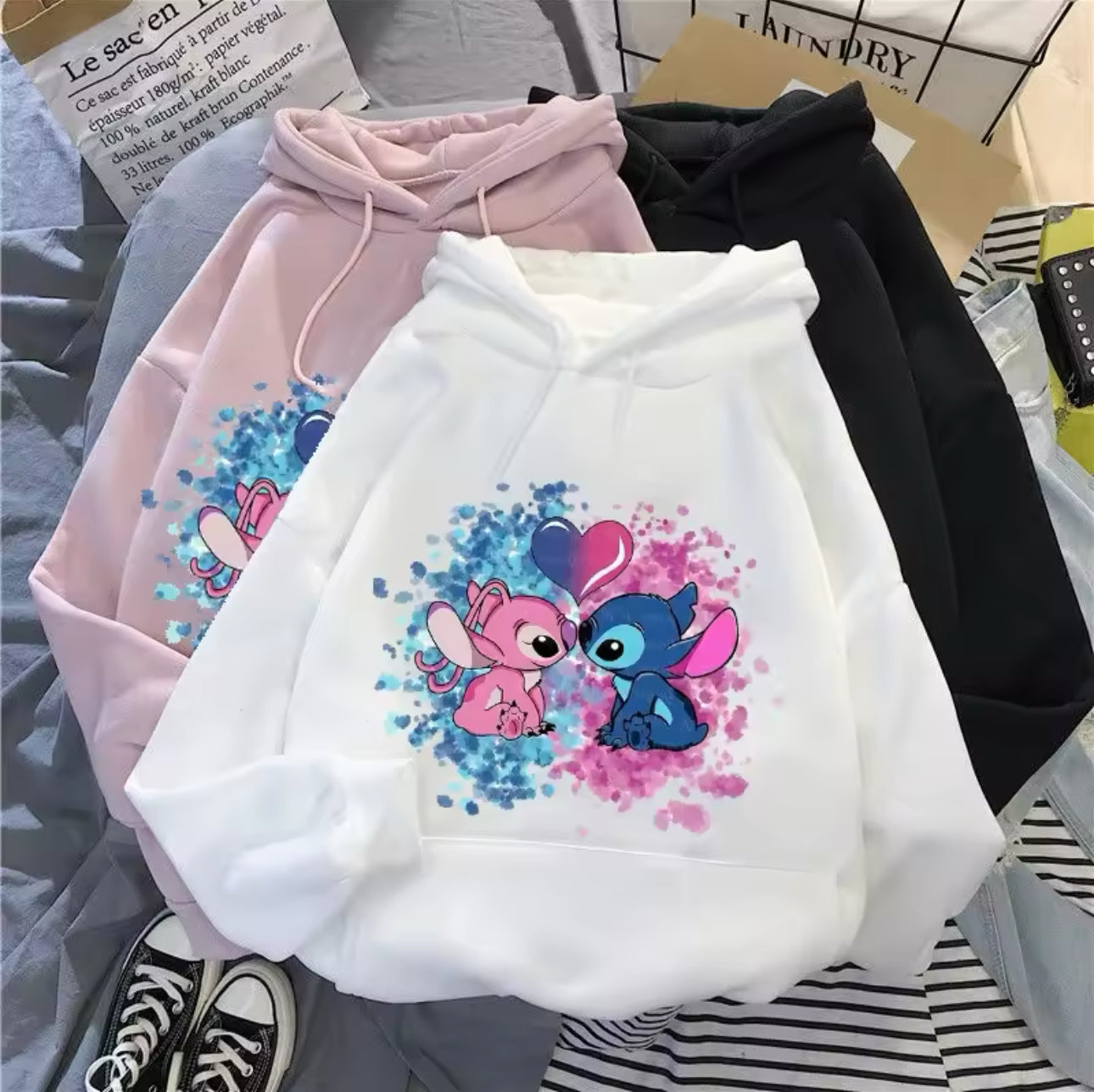 Stitch & Angel Romantic Love Hoodie Design (Pink & Blue)