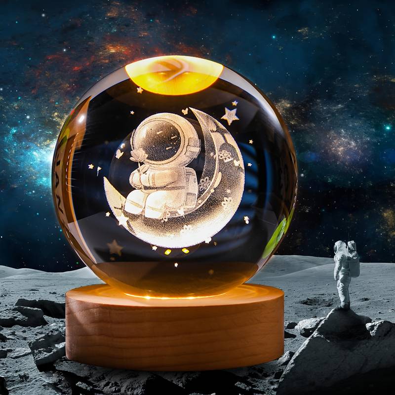 3D Laser Engraved 8cm Glass Crystal Ball Lamp Universe Astronomy Decor (Astronaut on the Moon)