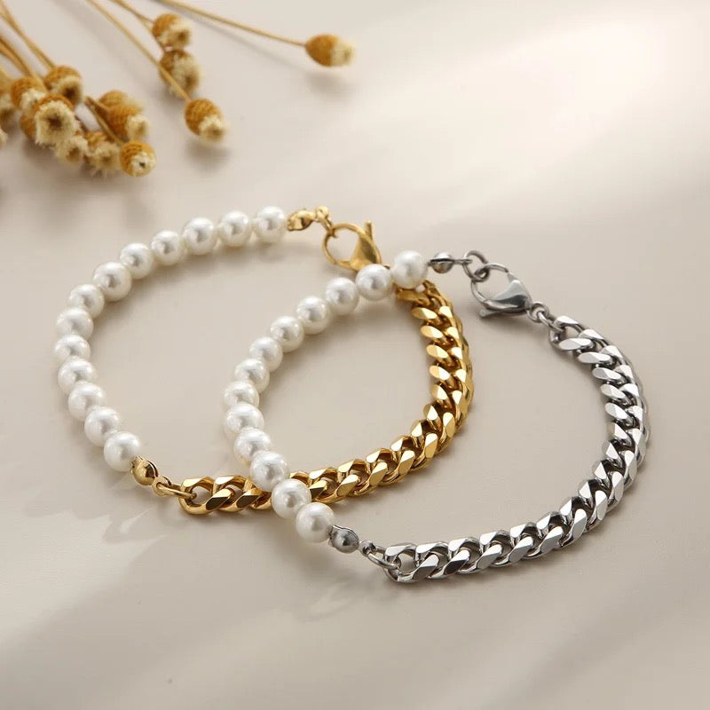 Stainless Steel Pearl Design Necklace & Bracelet 2pc Set