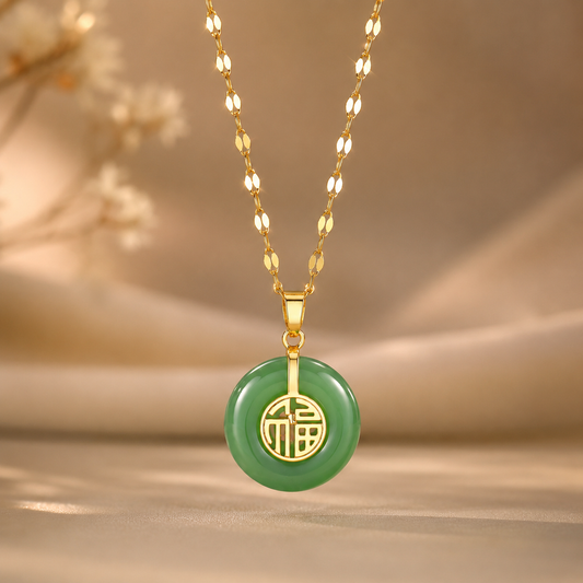 Stainless Steel Chinese-Style Jade Blessings Necklace