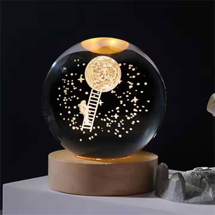 3D Laser Engraved 8cm Glass Crystal Ball Lamp Universe Astronomy Decor (Astronaut Climbing to Moon)