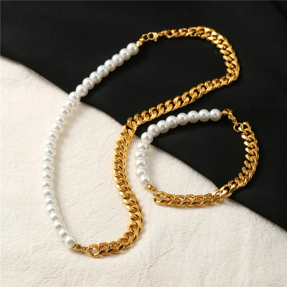 Stainless Steel Pearl Design Necklace & Bracelet 2pc Set