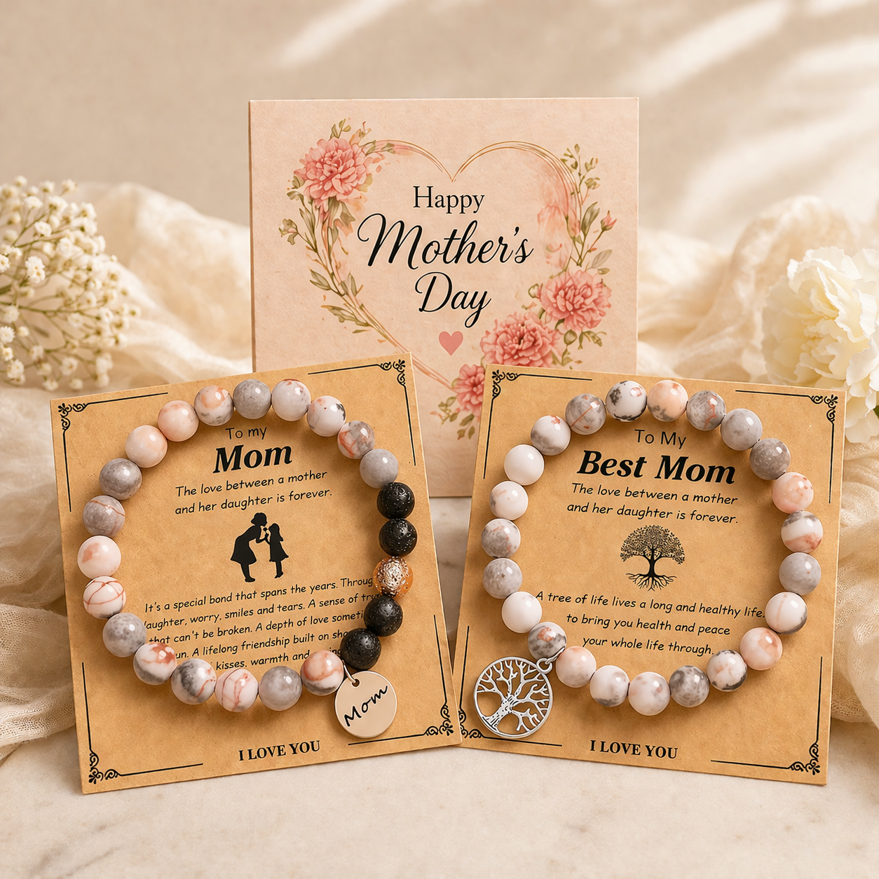 Natural Stone Pink Banded Agate Mother & Daughter Love Bond Bracelet With Gift Card