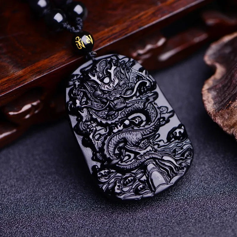 Dragon Carved Obsidian Stone Adjustable Necklace