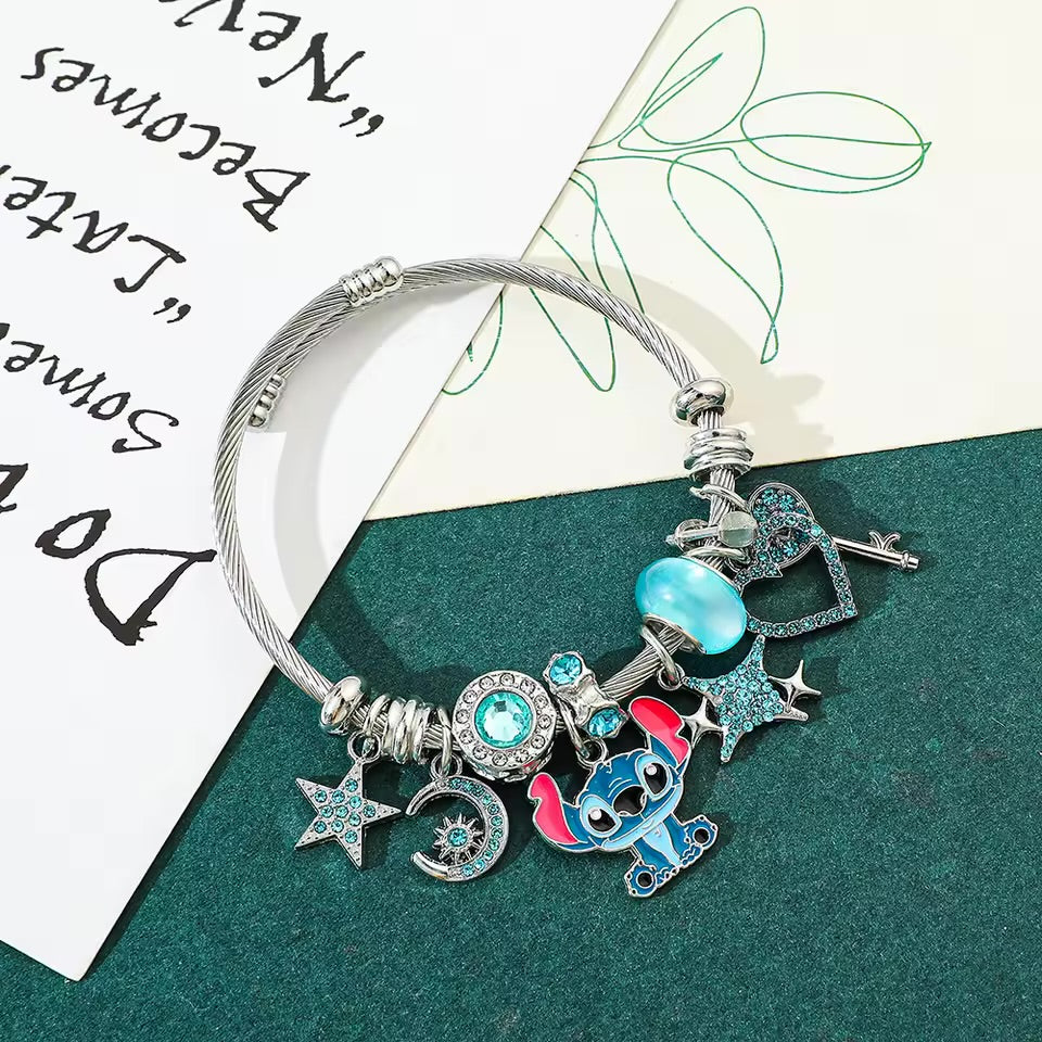 Stainless Steel Stitch Blue Zircon Charm Bracelet