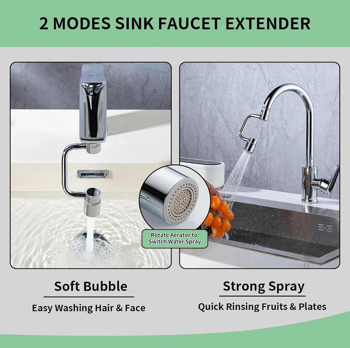 360° Stainless Steel Faucet Extender and Aerator with 2 Spray Modes