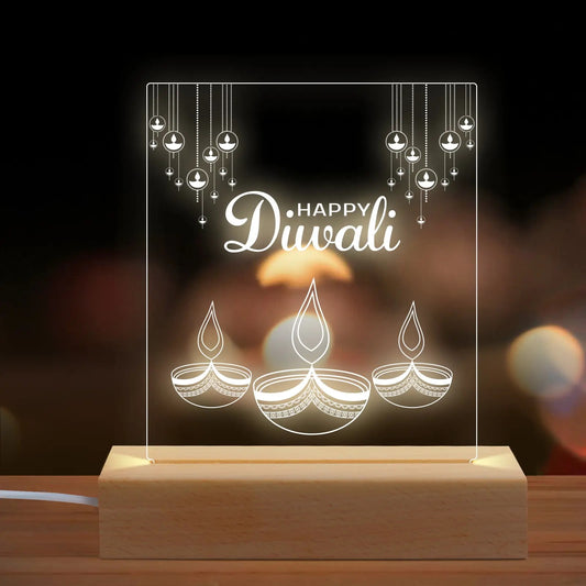 Happy Diwali 3D Acrylic Night Lamp With Wooden Base