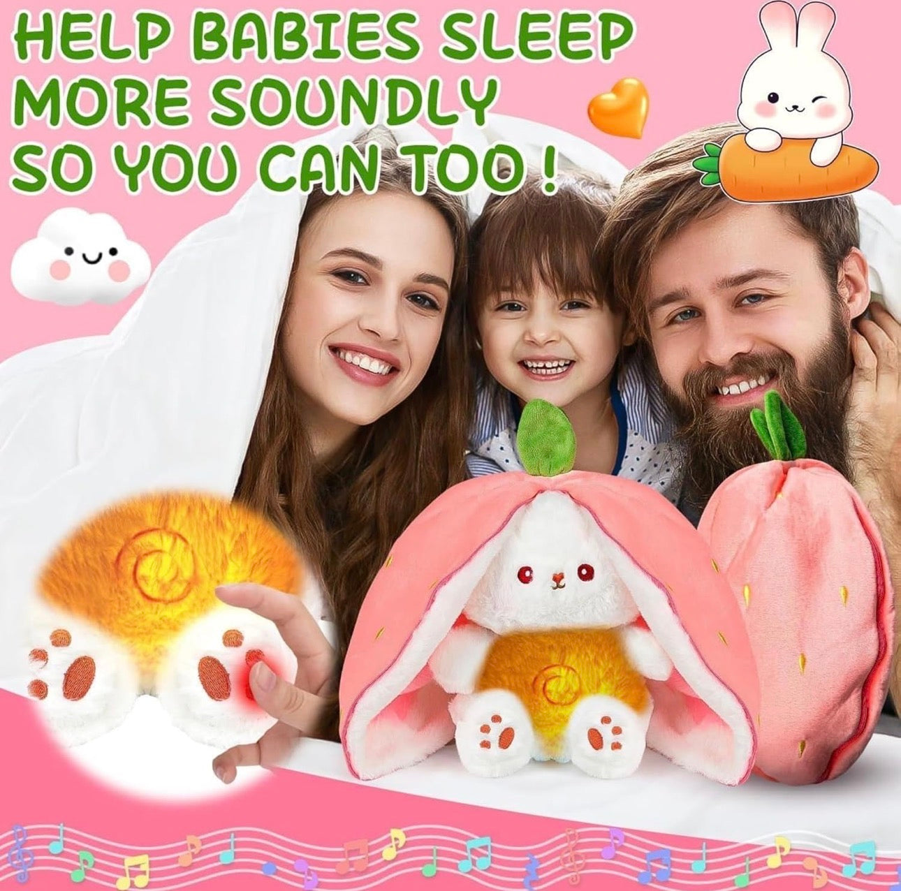 Strawberry Bunny Breathing Plush with Soothing Baby Music