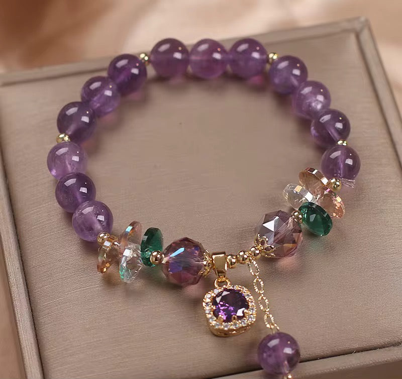 Natural Amethyst Zircon Charm Bracelet (8MM Beads)