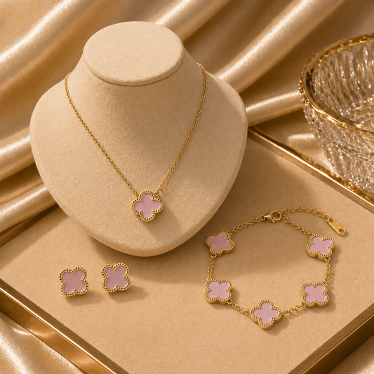 High Quality Stainless Steel Van Cleef Inspired Clover 3pc Set (Baby Pink)