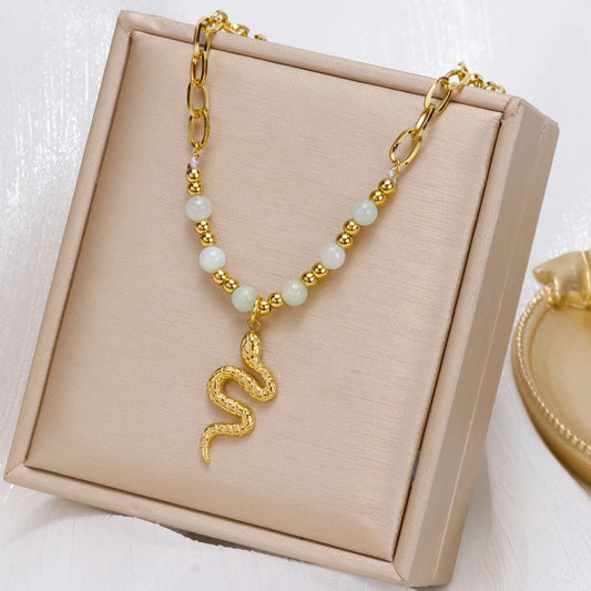 Stainless Steel Jade Beaded Snake Necklace