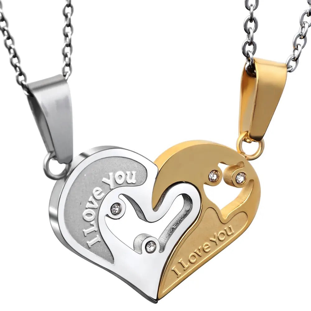 Stainless Steel “I Love You” Couples Distance Heart Necklace 2pc