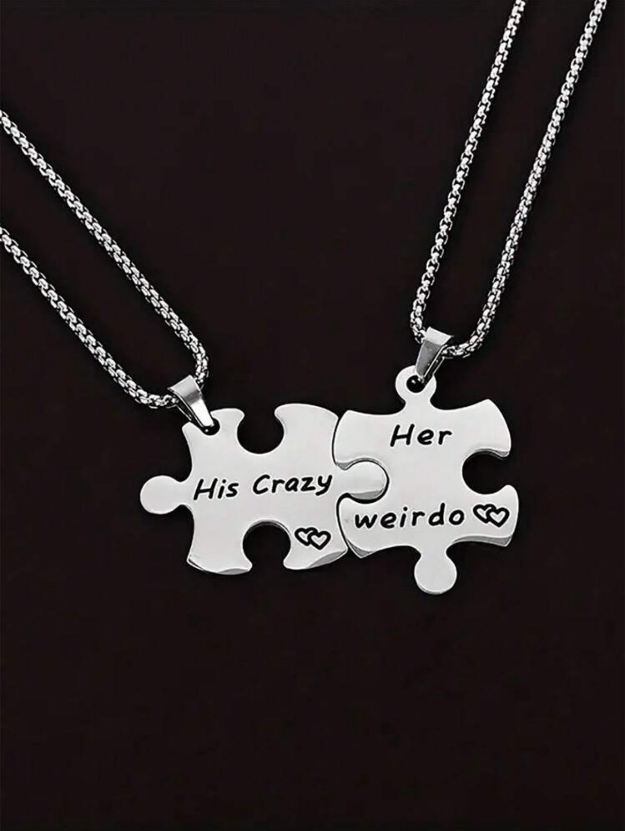 Stainless Steel “His Crazy” + “Her Weirdo” Puzzle Distance Couples Necklace 2pc