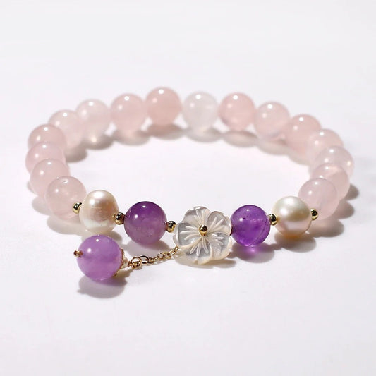 Rose Quartz Fresh Water Pearl & Amethyst Floral Charm Bracelet (8mm)