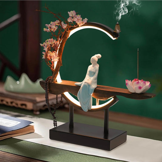 Buddha Back-Flow Incense Holder with Cherry Blossom Floral & Ring Light Ornamental Set