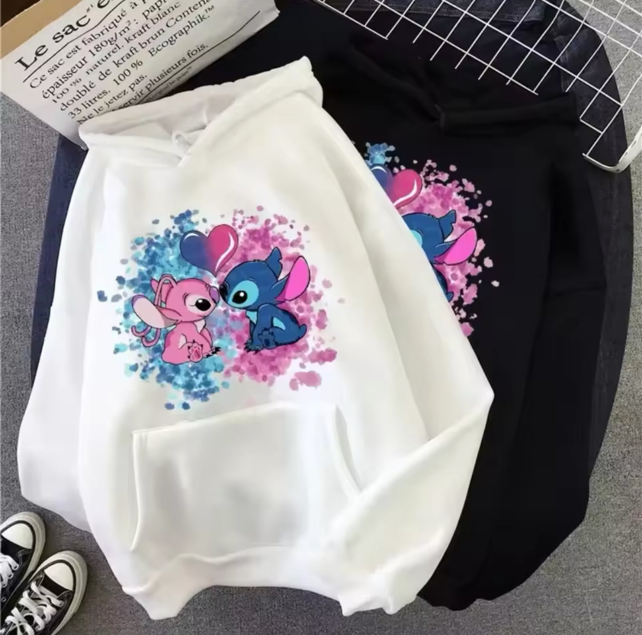 Stitch & Angel Romantic Love Hoodie Design (Pink & Blue)