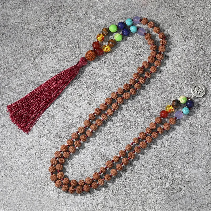 108 Beads Rudraksha 7 Chakra Mala Prayer Necklace + OM Charm