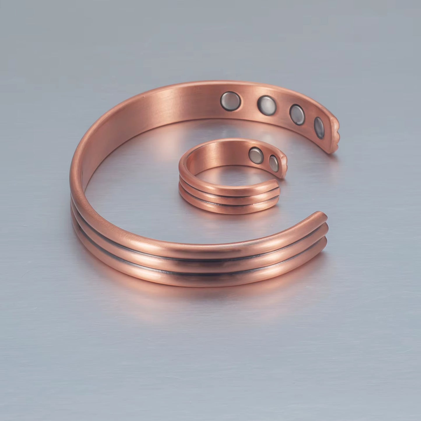 Adjustable Ultra Strength Pure Copper Magnetic Bracelet & Ring Set  (99.99% Copper)